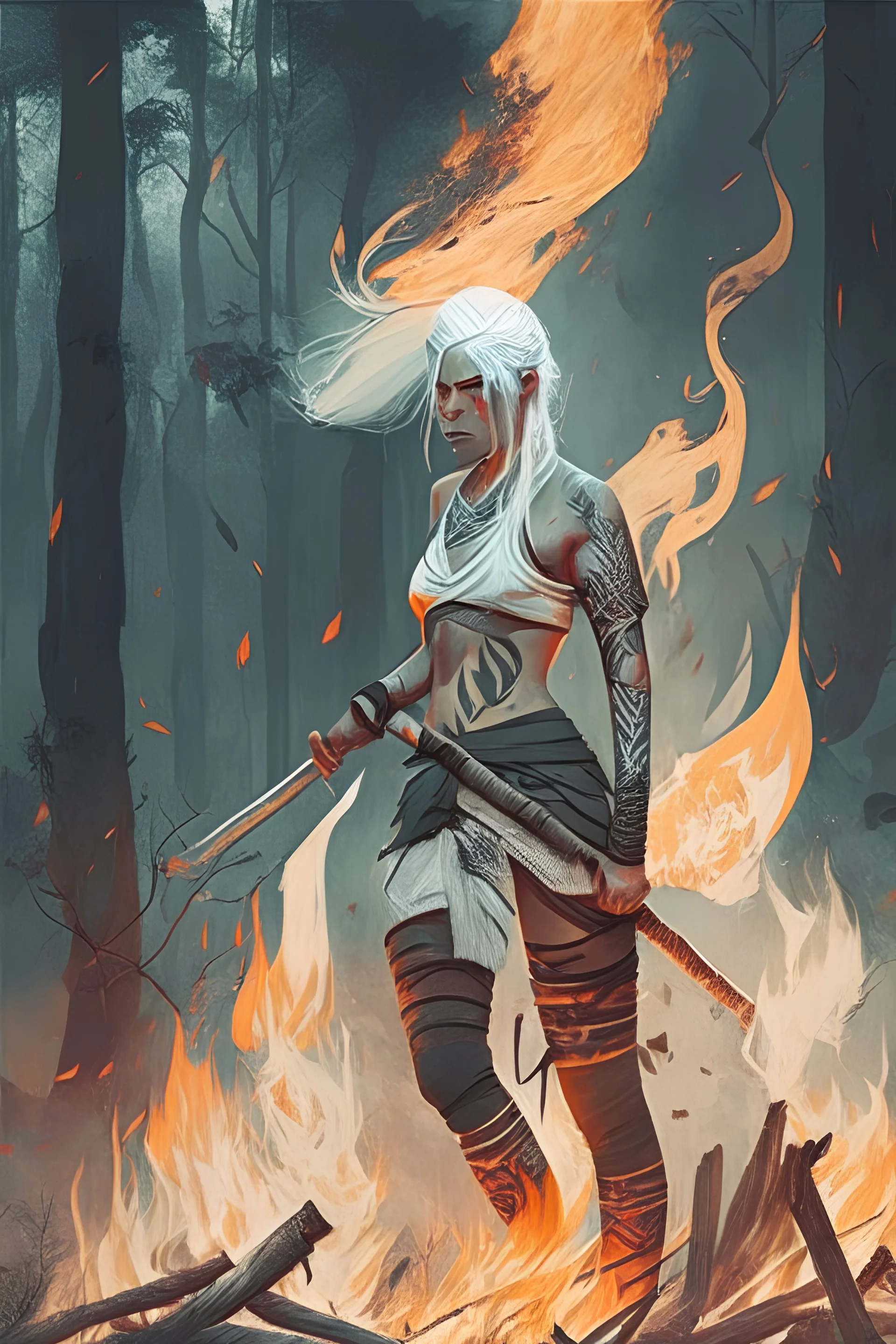 female warrior with katana, white hair, tribal tattoos, minimal organic primal clothing, full body in the middle of a fire in a forrest