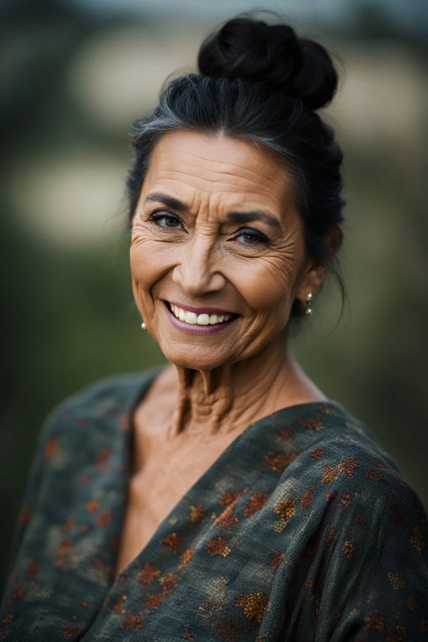 Portrait of a 60 year old Olive skinned woman, dark hair with hints of grey pinned up in a loose bun, happy expression