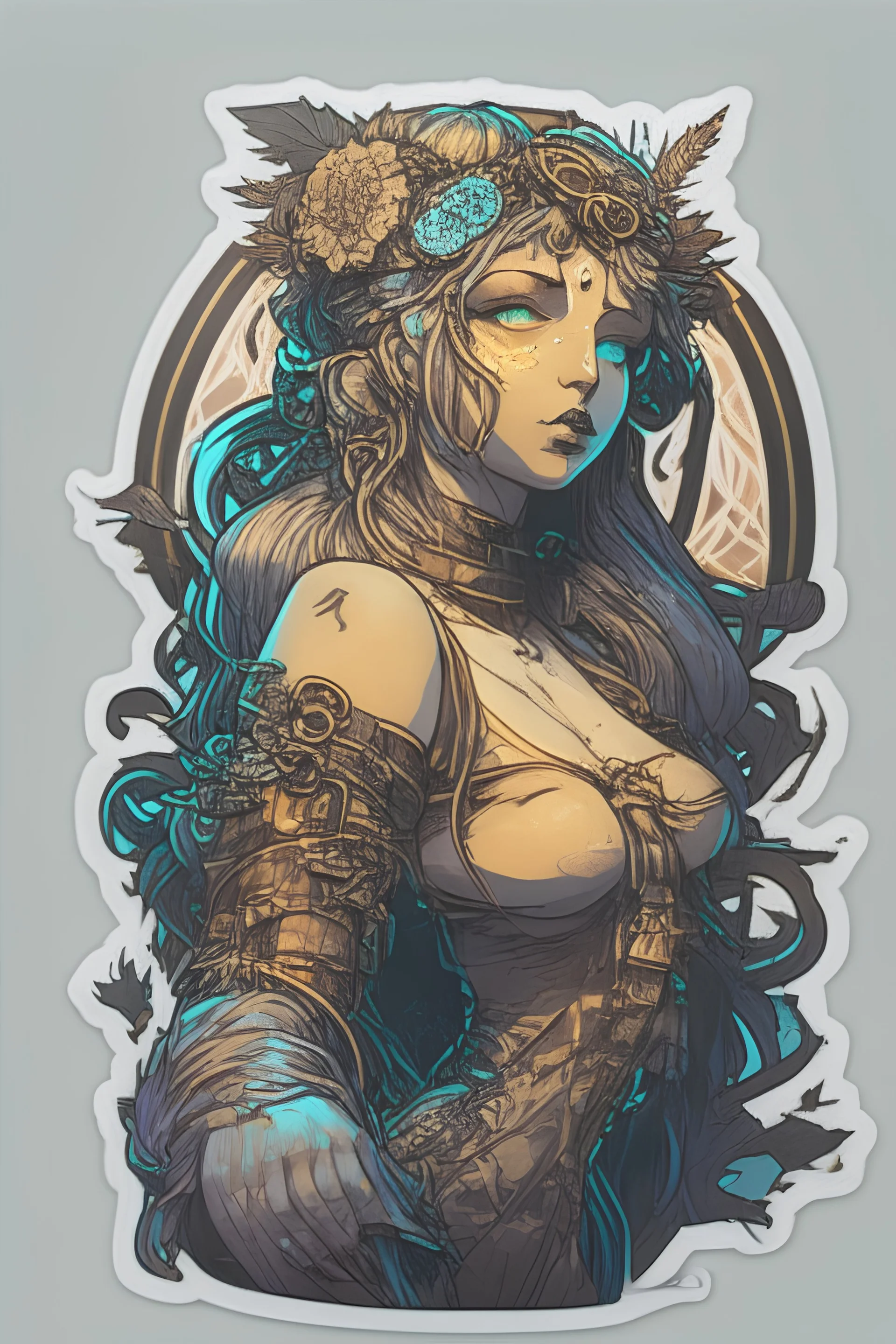 Sticker Goth cyberpunk huge girl, illustration by alphonse mucha, high detailed, 4k resolution, digital paiting, cute, art, no background,