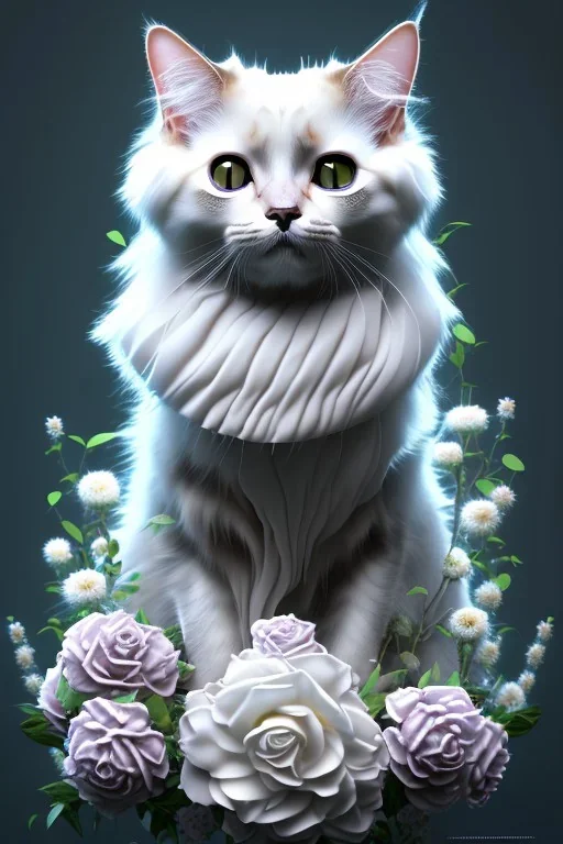 Victorian cat with white flowers, in the style of Camilla d'Errico, hyper detailed, beautiful, complex, trending on artstation, cinema4d, cryengine, national geographic photo, chiaroscuro