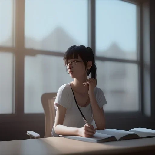 female student studying by the window, anime style, unreal engine 5, sun light, studio lighting --ar 1:1 --v 4