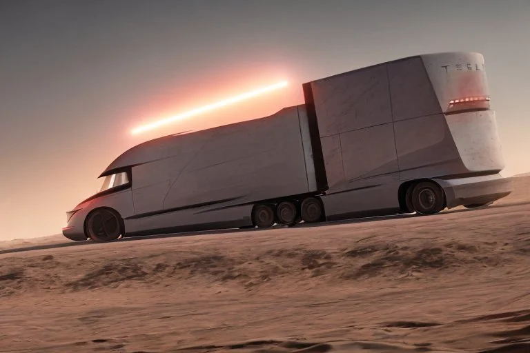 A Tesla 'Semi' (semi truck) is going at a high speed, in Mos Eisley on the planet Tatooine. (CINEMATIC, WIDE ANGLE LENS, PHOTO REAL)