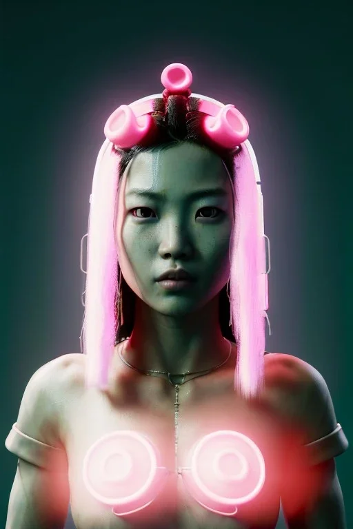 Ultra realistic portrait, Asian cyborg woman, samurai warrior :: symmetry photography, cyberpunk style, pink hair, glow makeup:: black samurai army, katana, japanese traditional ornaments, pink, white, black, glow eyes, cinematic, Ultra realistic, dark scene, soft color, highly detailed, unreal engine 5, RTX, ultra detail, 3d, finely drawn, high definition.