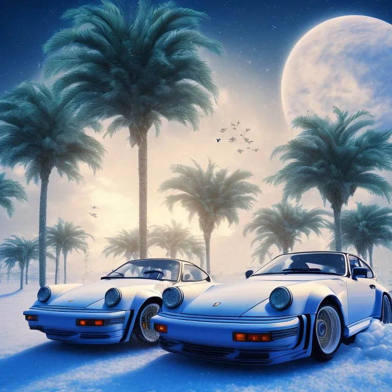 1980's aesthetic vaporwave palm trees with spheres with porsche in the winter snow with lightning