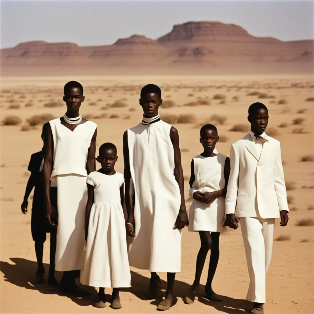 In the style of William Klein, extremely thin and malnourished black African people wearing white collar dress in an arid desert landscape, color photography captured in the style of dslr camera. --ar 62:85 --v 6. 0