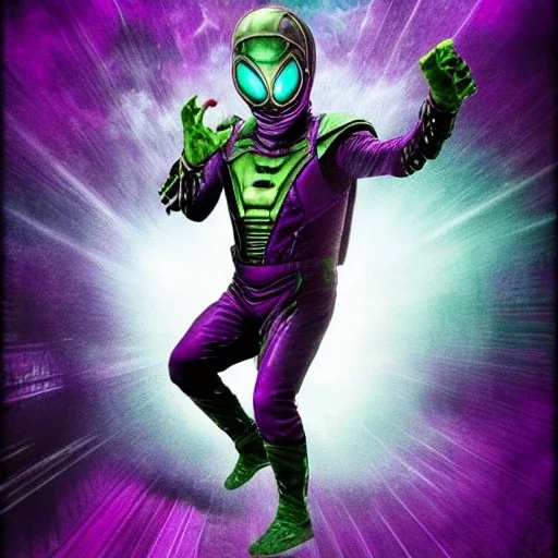 Kevin Bacon as Mysterio, Marvel, Green mist, MCU Multiverse, Zombie Avengers, Purple Background, Green clouds, Mist in helmet, Evil Dead Cabin, Necronomicon Book,