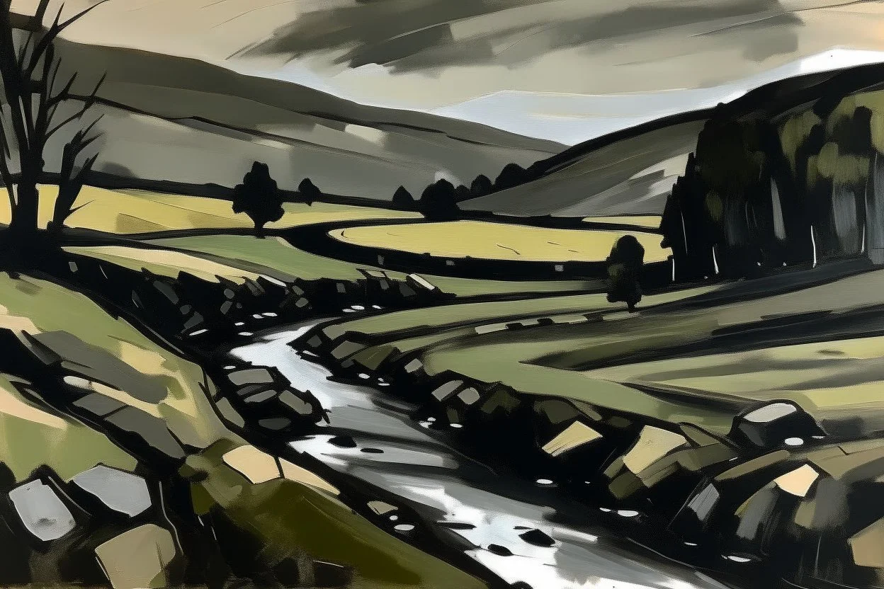 Yorkshire dales in the style of kyffin Williams