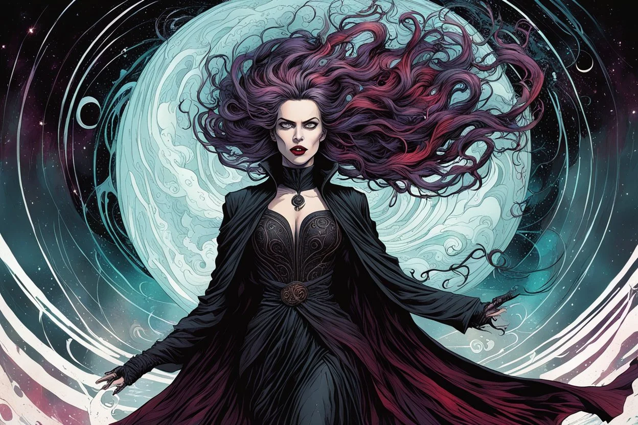 full color full body illustration of a surreal, ethereal, futuristic female vampire time traveler, emerging from a swirling cosmic maelstrom ,with highly detailed hair and facial features in the style of Sveta Dorosheva and Travis Charest, detailed and sharply defined line work and bold inking, rich, dark natural color palette, 4k, on an ornate abstract background