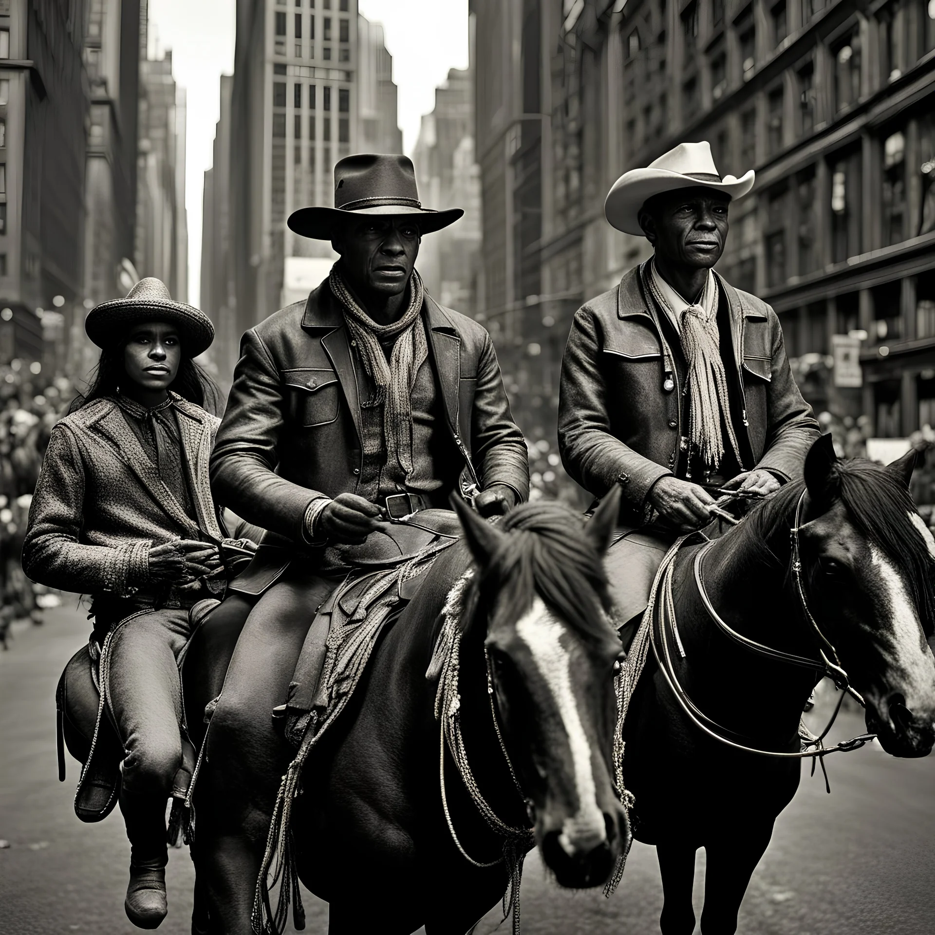 Black and white detailed photo a cowboy and Indian people friendship riding a horse in new york city 1967 surrounded by famous people dramatic scene 3d render, posterv0.2 high resolution shot professional photo, high detail, 40mm lens hyper real gothic 3D render HD detail high detail face