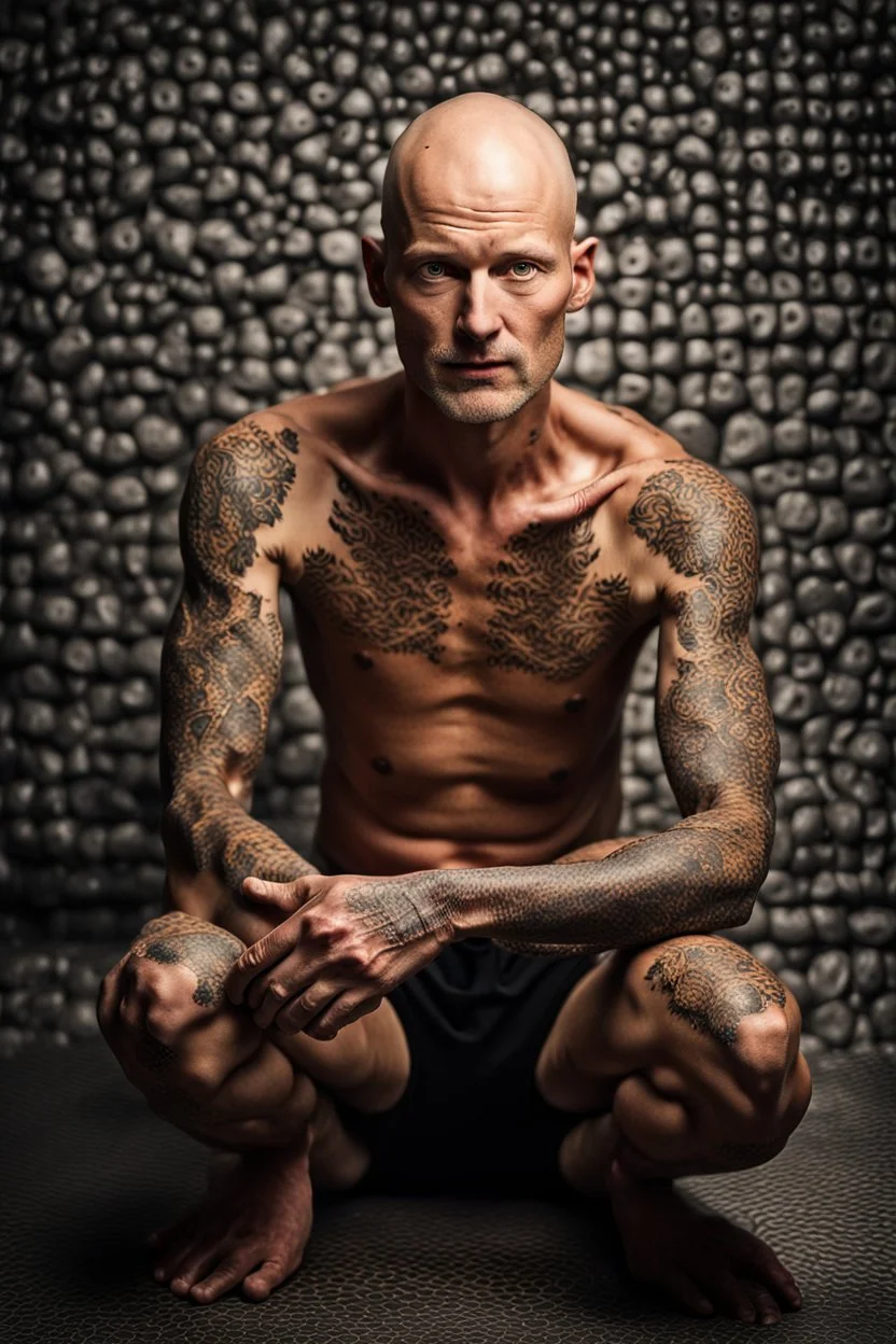 a full body display of a beautiful man with cancer, his skin composed of cancer shaped cells, they cover his entire body like a tattoo, symbolic for wearing his illness on the outside, no hair, in a dramatic pose in a photo studio, he sits with his face slightly hidden as he is shamed, lighting with focus on skin, ultra photo realistic, 32k, highly detailed,. selective colors