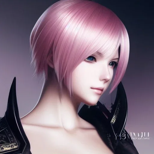 Detailed girl, woman, pink hair, yorha 2b hairstyle, au'ra final fantasy, horns protruding out the side of the head, intricate details, full body portrait, keep head in frame, slight smile, black Japanese motif, concept art, highly detailed, digital painting, concept art, sharp focus, illustration, art by Yoji Shinkawa, WLOP and greg rutkowski and alphonse mucha and artgerm and yanjun Chen and Junji ito and Makoto Shinkai, HDR, octane render, highly detailed