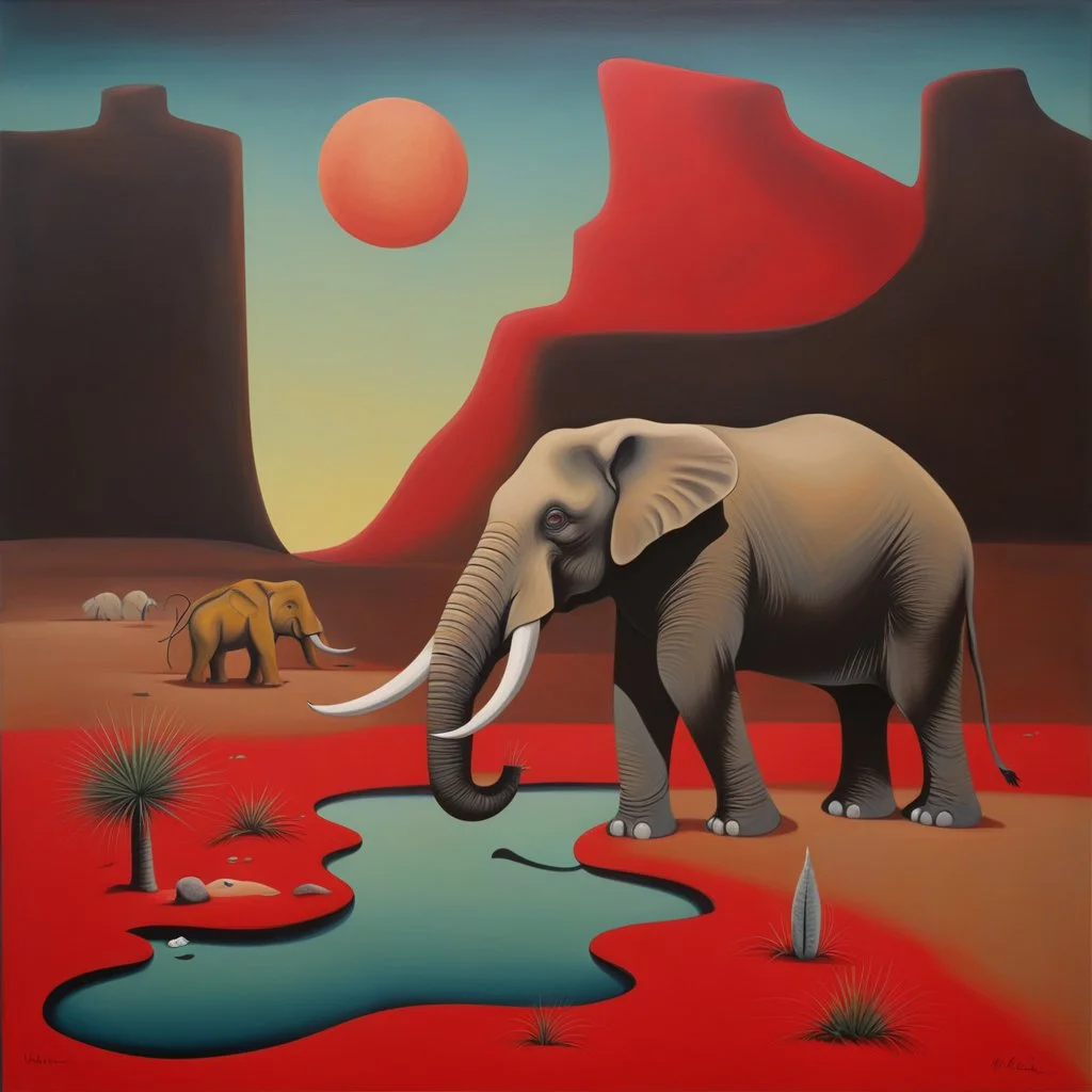 by Desmond Morris, weird grim desert wonderland, surreal elephant drinking from a red pond, matte oil painting, dark colors