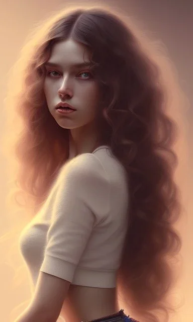 porno model , cute, beautiful, long hair, wavy hair, curly hair، black eyes, head and shoulders portrait, cinematic, 8k, resolution concept art portrait by Greg Rutkowski, Artgerm, WLOP, Alphonse Mucha dynamic lighting hyperdetailed intricately detailed