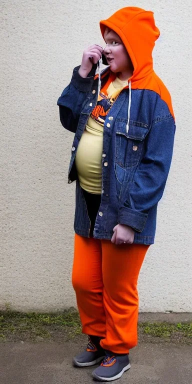 Bright-orange-haired woman.thick thighs,thick calves,flat belly,curvy fell. big head. Mantle is sewed of upcycled Denim and sewed together of camouflage pieces. Pieces' color are orange, cream and purple. It is with big bright purple felt tippet and cream-colored-hood. mantle has a hood. Big AKG-style headphones (gold rings!) is merged with small felt cap with small visor. Style: Haute Couture in 1920's, N.Y.C fashion in 1996, inspired by street art. Cream latex gaiter.