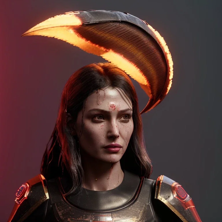 Front, pretty woman, futuristic, rounded face, blood, black, gold, brown, samurai dress, decorative color feathers, retro, simetric, circuits, neon style, a lot of led lights, fog, rain, leather, vibrant color, highly detailed, art stations, concept art, smooth, unreal engine 5, god rays, ray tracing, RTX, lumen lighting, ultra detail, volumetric lighting, 3d, finely drawn, high definition, high resolution.