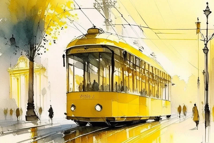 yellow tram in Budapest, style Alvaro Castagnet, Anton Pieck highly detailed elegant very attractive beautiful dynamic lighting watercolor aquarelle Thomas Wells Schaller