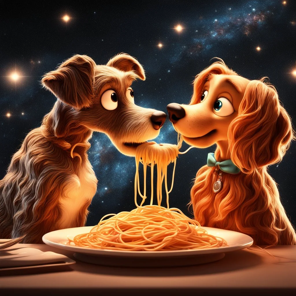 the lady and the tramp eating spaghetti, cinematic, epic glowing galaxy background, deep depth of field, 3D, constellation map, 16k resolution photorealistic, bokeh, a masterpiece by Alberto Seveso, breathtaking intricate details, realistic and lifelike cgi diorama, dramatic natural lighting, reflective catchlights, high quality CGI VFX fine art