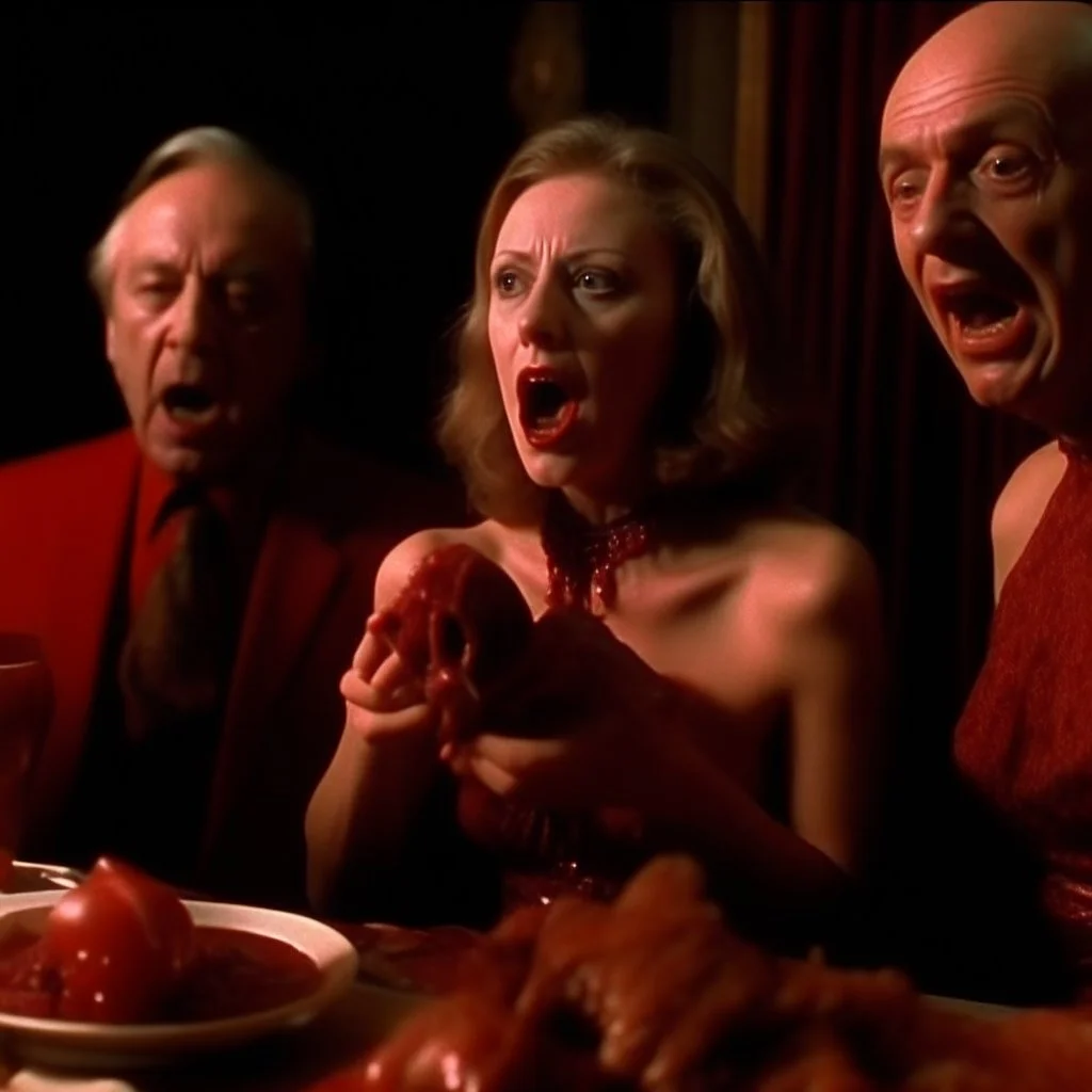 Movie shot, spooky, ultra realistic distress, dining, ultra realistic hot woman, pieces of meat, creepy, organs, ail dynamic, anguish, excited woman, hypermaximalist figures, Creepy, Alfred Hitchcock, sinister, John Carpenter, Dario Argento, ornate, 4k, photorealism