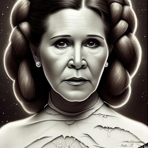 hyperspace background, complete and photo realistic detailed head to waist stunning photo realistic portrait of carrie fisher as Princess Leia in star wars with photo realistic updo hair by Mandy Jurgens and mucha and Richard Schmid and chuck close and chie yoshii, extraordinary and detailed ceremony dress of star wars,brown eyes