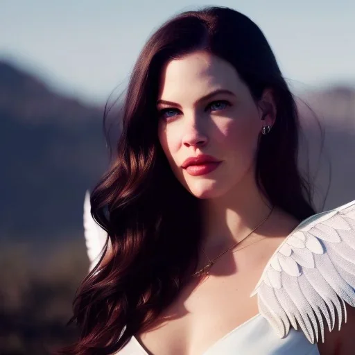 Liv Tyler has angel wings. She has beautiful eyes. Her hair flies in the air., closed eyes, rtx, reflection, 8k, glow, winning photography, caustics