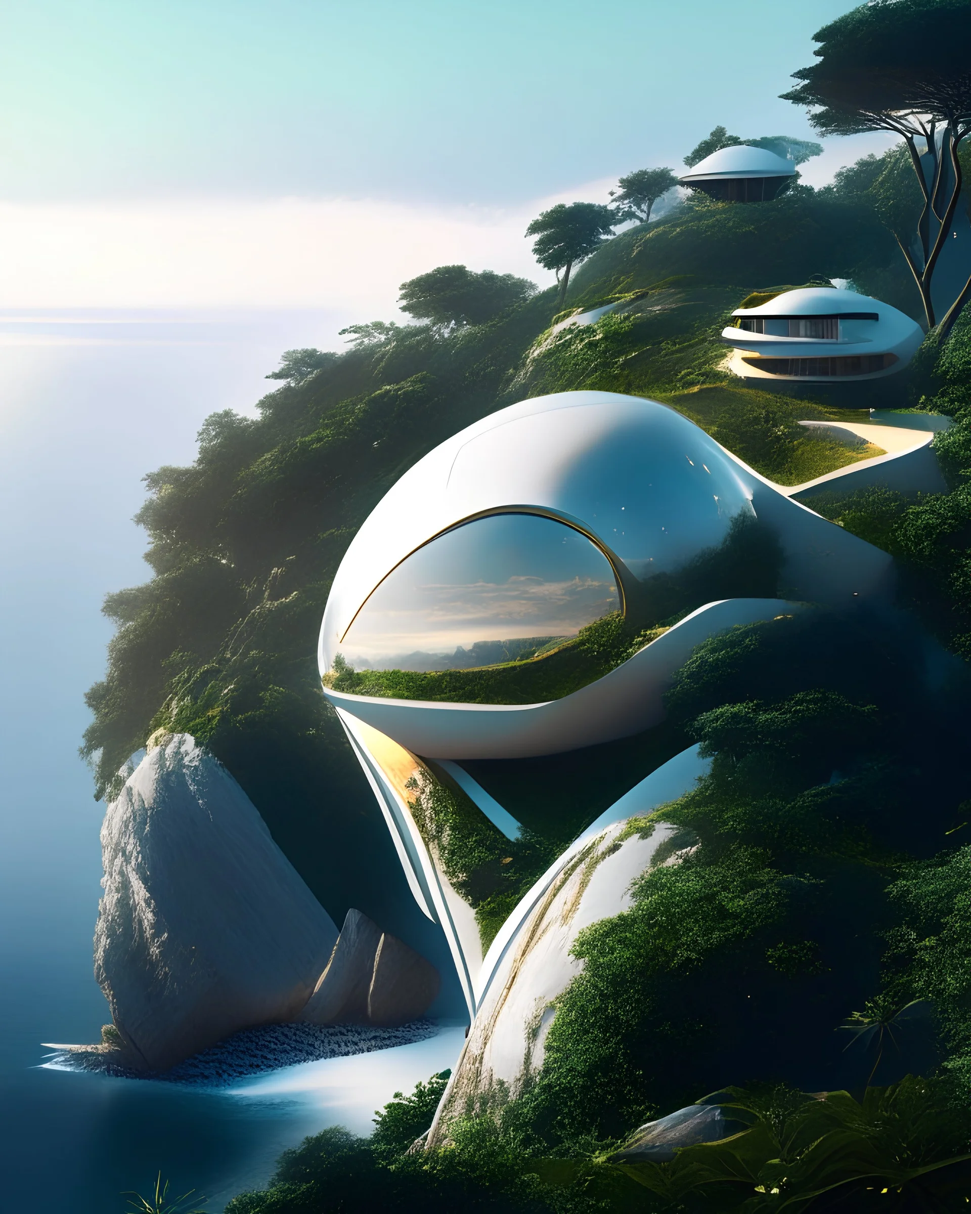 Several country houses on the cliff in the shape of an egg, Zaha Hadid style, sea view, trees, tropical climate, clear sky, incredibly detailed, modern art, hyper-realistic, 8k