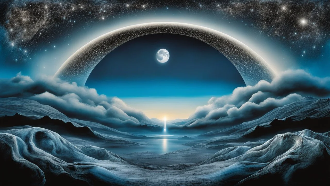 just one giant shiny Moon on the sky, stars and circled silver glitters on the sky, etheral, mystic art, blue, silver, black colors, ethereal fantasy hyperdetailed mist style by dali, bosch, kandinsky