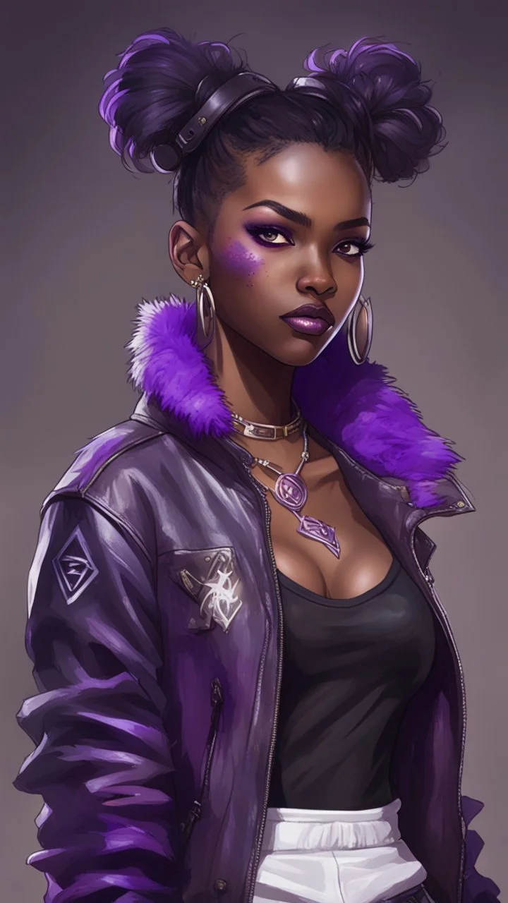 arcane tv show style, league of legends, solo, 1girl, attractive teenager, african, dark skin, dark-brown eyes, black hair, pair buns, (violet strand in forehead bang), necklace, earrings, modern makeup, (detailed skin texture), old leather jacket with violet fur collar, oversized torn t-shirt with half-erased unknown music group logo, You can see through the holes in the t-shirt her acid-green top, dark background, bokeh, cinematic atmosphere