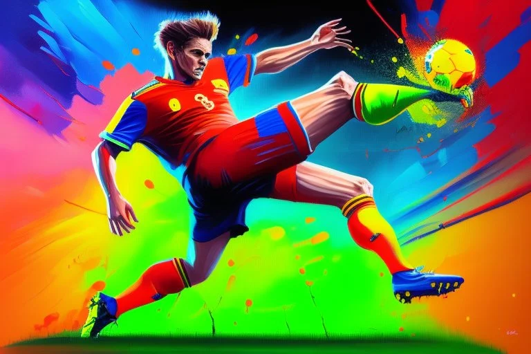 Oil painting, full body of a soccer player, he is kicking the ball, the ball is flying, bright but not neon colours, dynamic lines, dynamic blobs, spots, lines in the background of the character, splash like a colour explosion