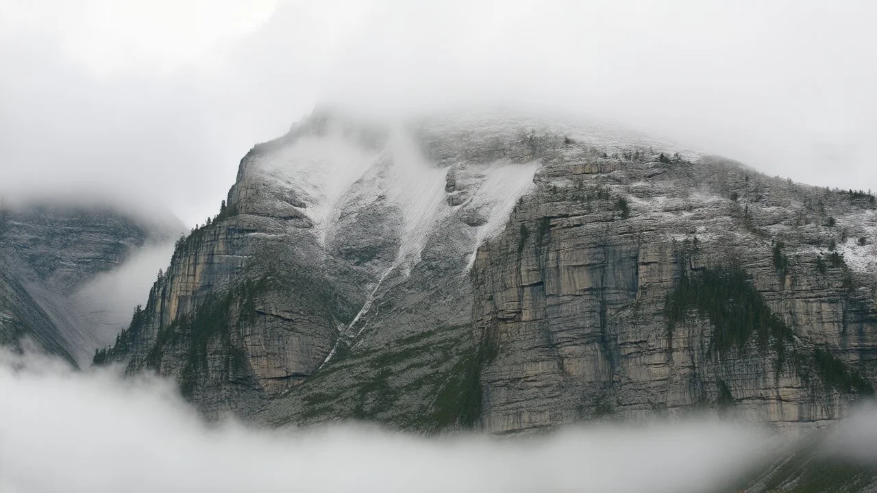 a massive sheer snowy mountain cliff with very sparse vegetationscaling vertically into the sky, partially obscured by dense clouds and mist. the borders — top, bottom, left, and right — fade smoothly into thick fog, while the center reveals the steep, rocky cliff face with fine texture and detail. atmospheric lighting, cinematic composition, natural colors, high contrast between fog and stone.