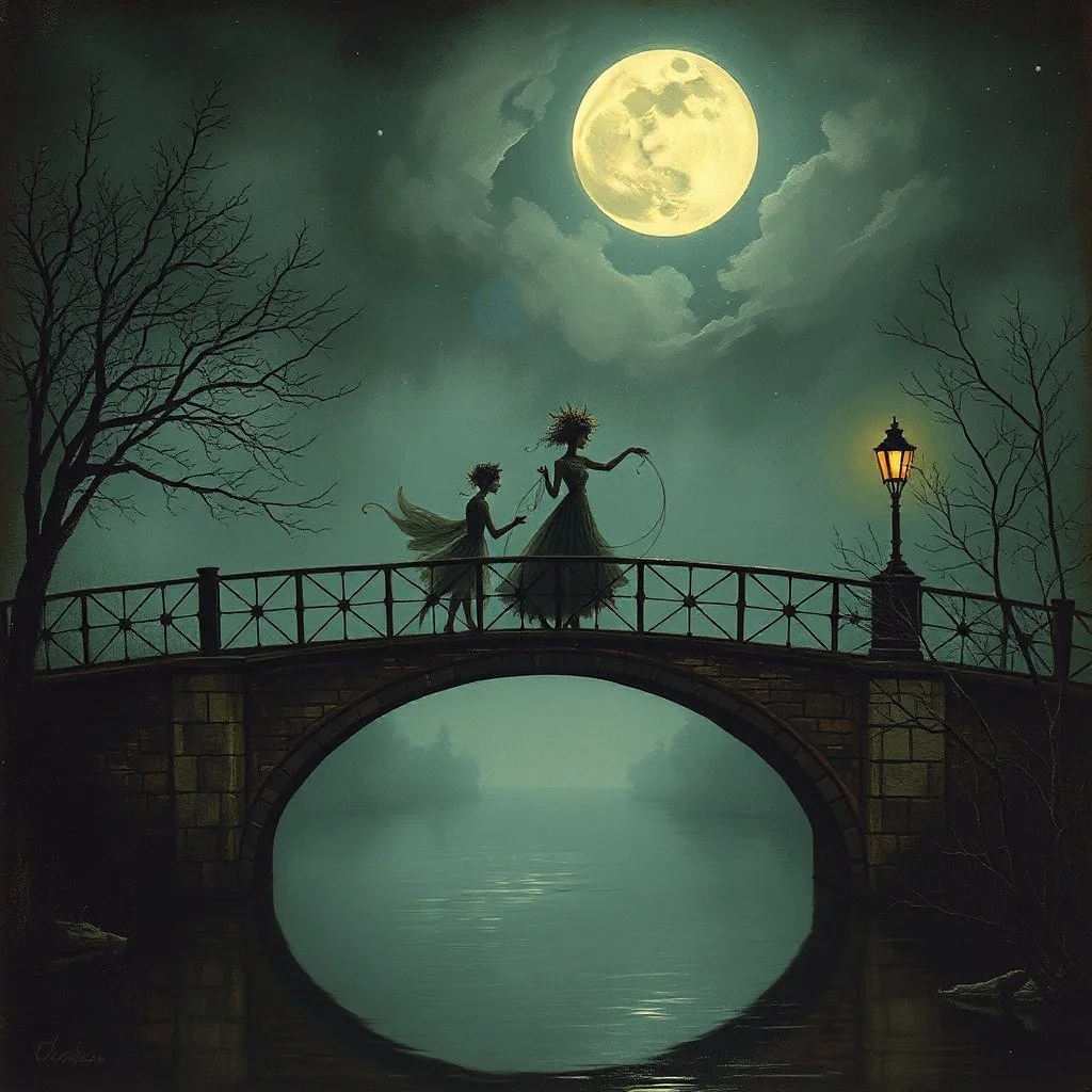THE GHOST IS STILL DANCING AT NIGHT ON THE OLD COUNTRY BRIDGE. . Leonor Fini. Fiona Staples