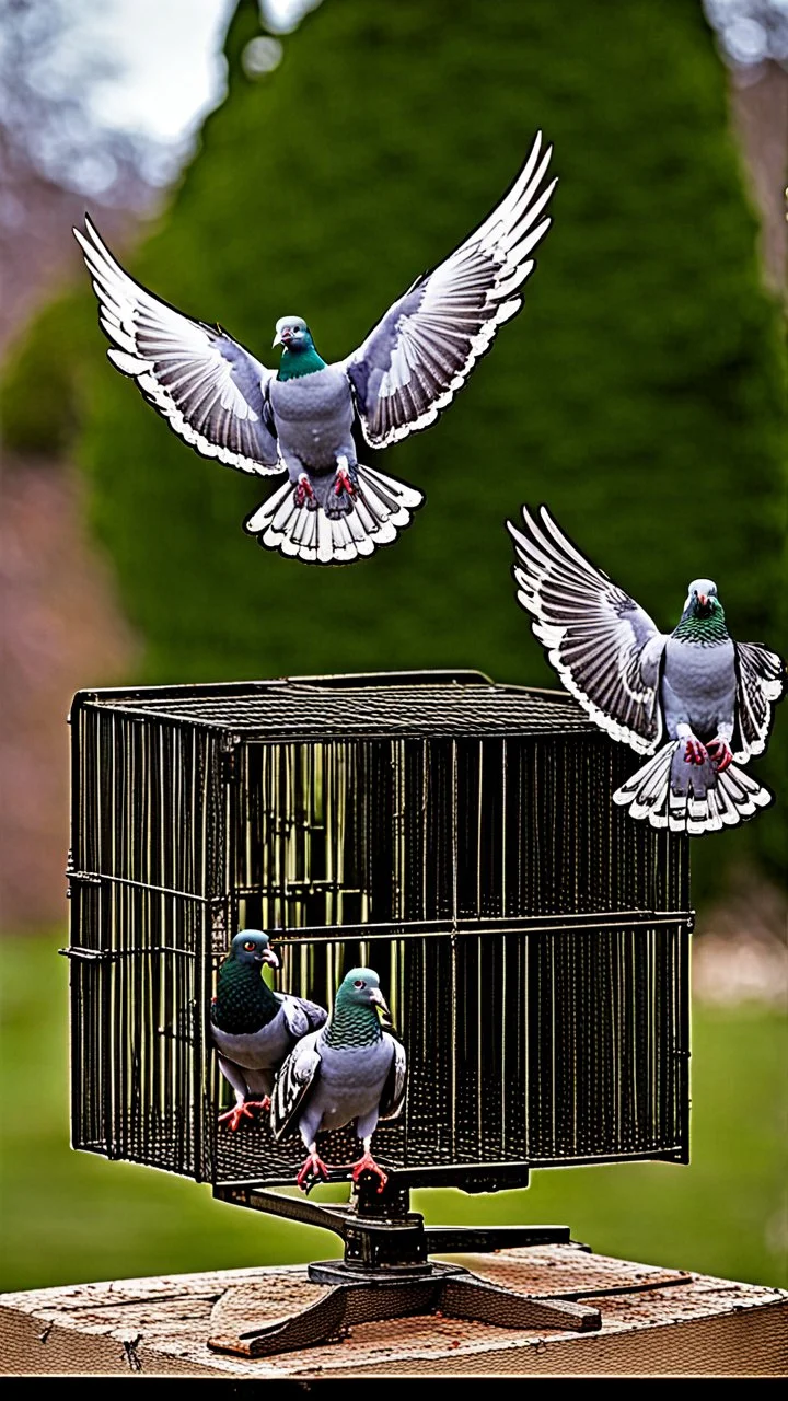 To may pigeons Flying together, carrying the trap with them