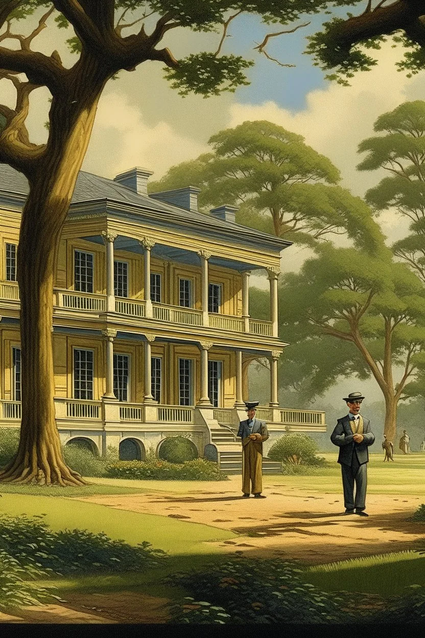 Illustrate a grand plantation setting in the 1800s, with Isaac Franklin and John Armfield as wealthy slave owners. Highlight their opulent lifestyle and the beginning of their partnership