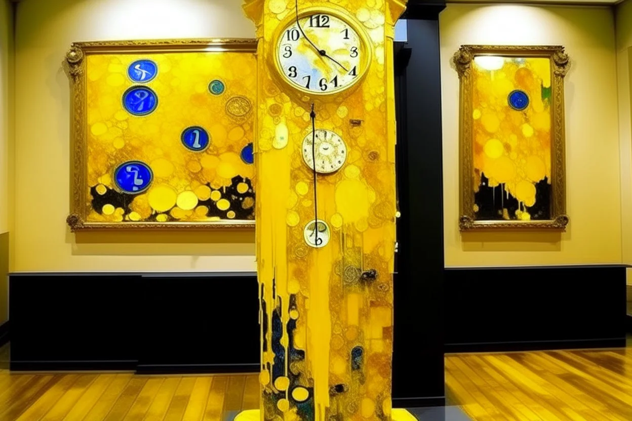 A yellow clock tower made out of gel in a thunderstorm painted by Gustav Klimt