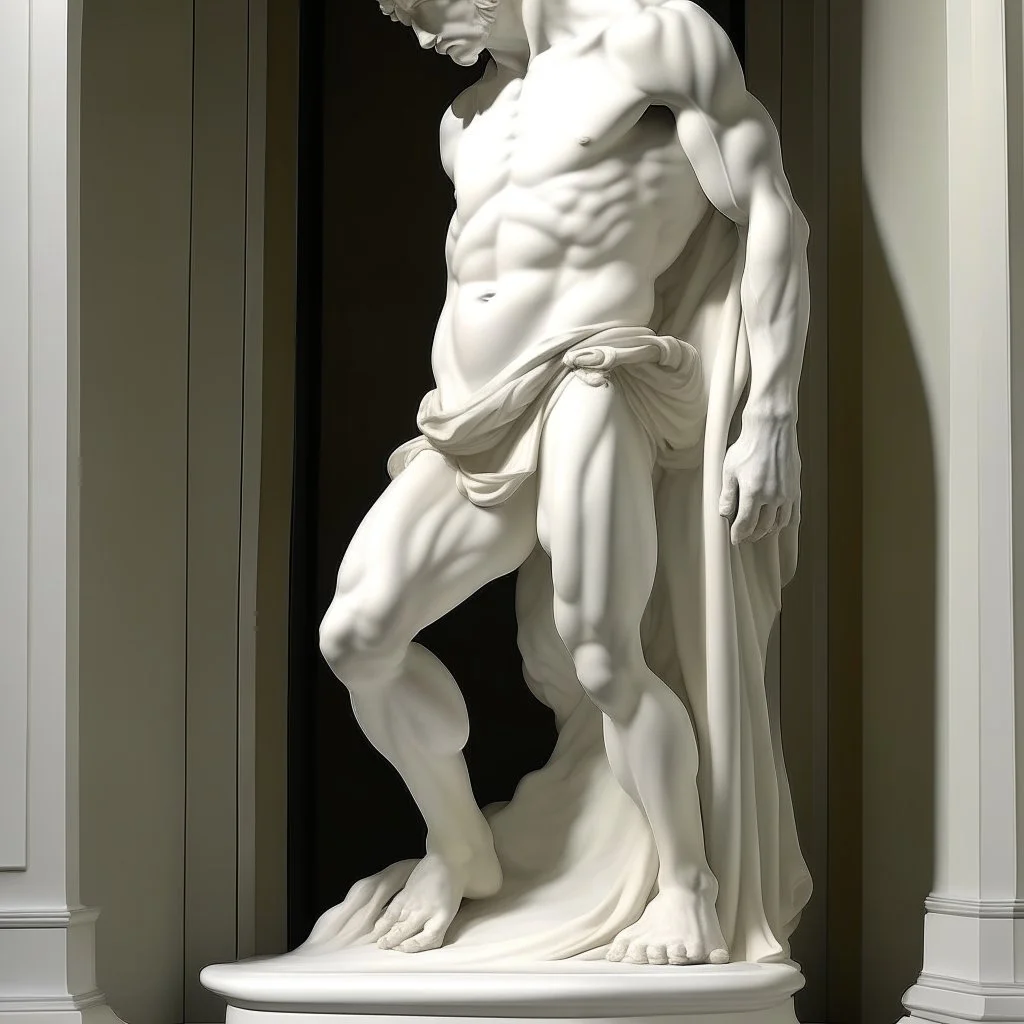 person, showering, whole body, facing front, waist down, in style of michelangelo