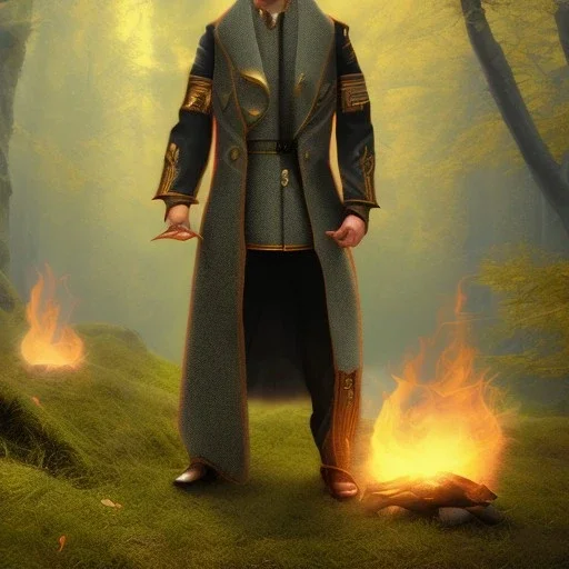 Male, Human, Blond, Sorcerer, Fire Mage, Golden Eyes, Young, Photorealism, Full Body Shot, Forest Background