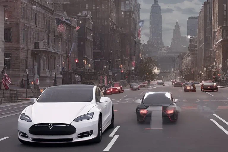 A Tesla 'Model 3' is racing at top speed, near the 'Statue of Liberty' in New York. CINEMATIC. WIDE ANGLE LENS. PHOTO REAL.