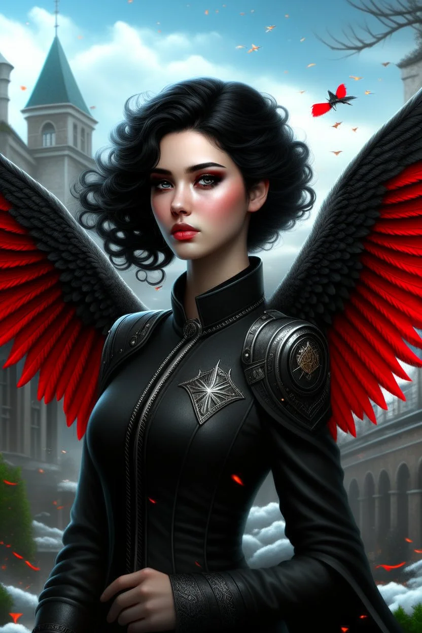 Magic school town background, beautiful angel, ornate school uniform, casting spell water snow fly, black wavy hair, enchanted fantasy, cinematic composition, very detailed red machine components, one camera lens eye and shiny black hair, hazel green eyes, 24k, ornate, intricate, complex, digital painting, smooth, art by royo and tom bagshaw.