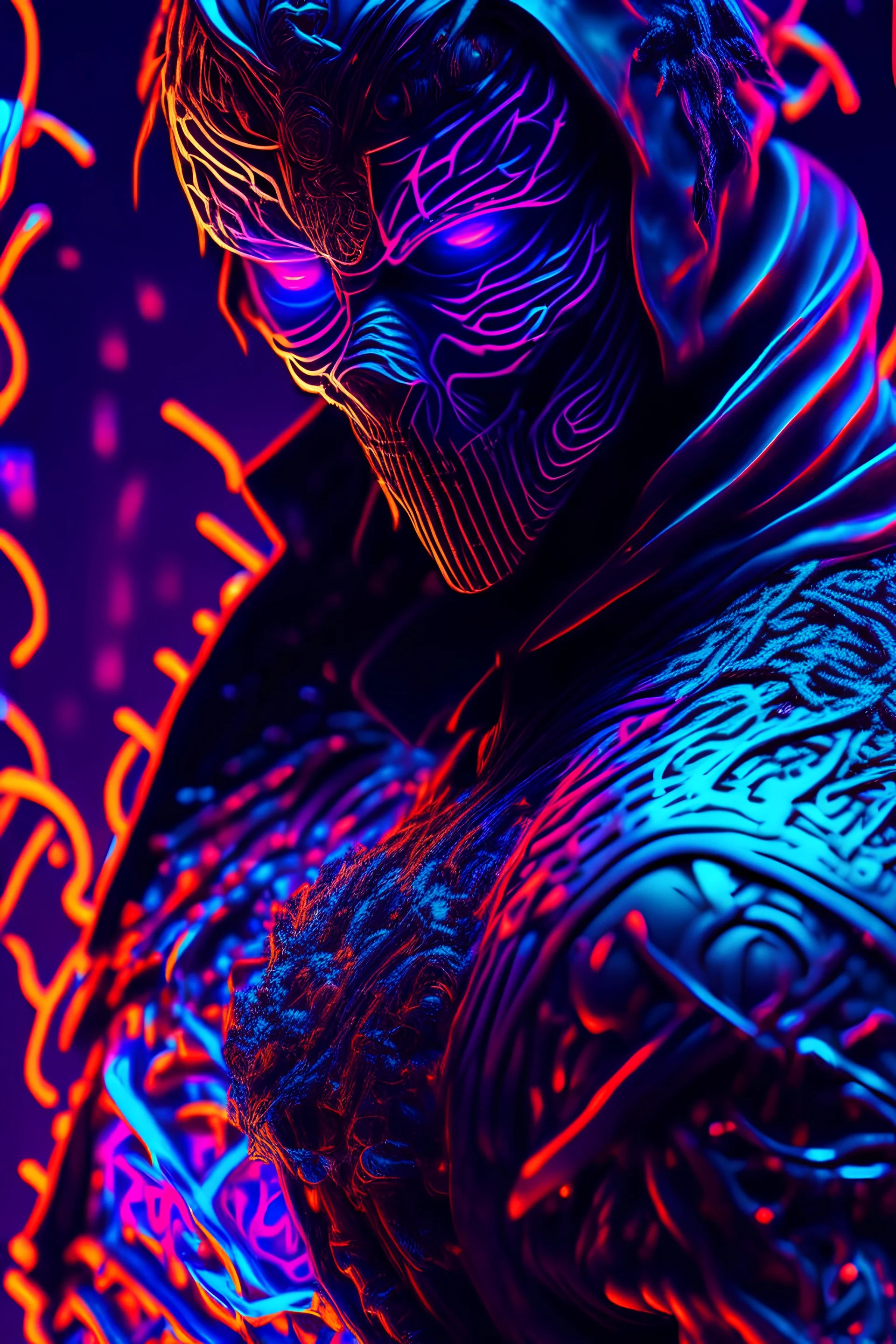 blacklight reactive 3d 8k hd :: ninja warrior :: by stephen king, crazy, dark fantasy, intricate detailed masterpiece, ray tracing:: cinematic 4D::