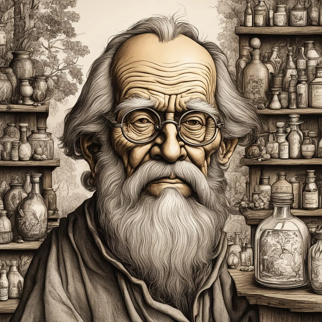 a Dutch Renaissance era inked caricature illustration of a wizened and aged elder apothecary highly detailed facial features, in the style of Pieter Brueghel the Elder , Hieronymus Bosch, and Gerald Scarfe aged canvas, craquelure finish, archaic masterpiece, 4k