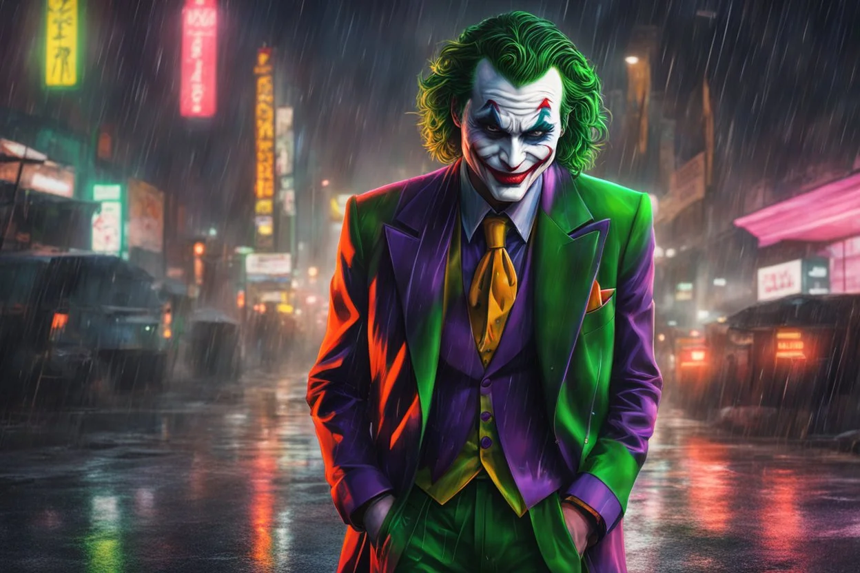 Joker in 8k realistic anime artstyle, Palestine them, neon effect, close picture, rain, fantasy world, intricate details, highly detailed, high details, detailed portrait, masterpiece,ultra detailed, ultra quality