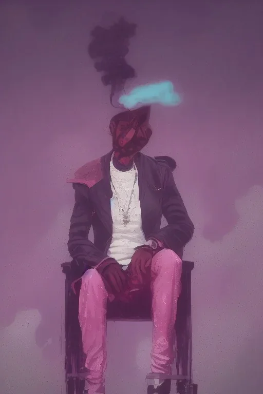 Snoop dogg sitting on a chair. pink houses, pink sky, pink smoke, moon, trees