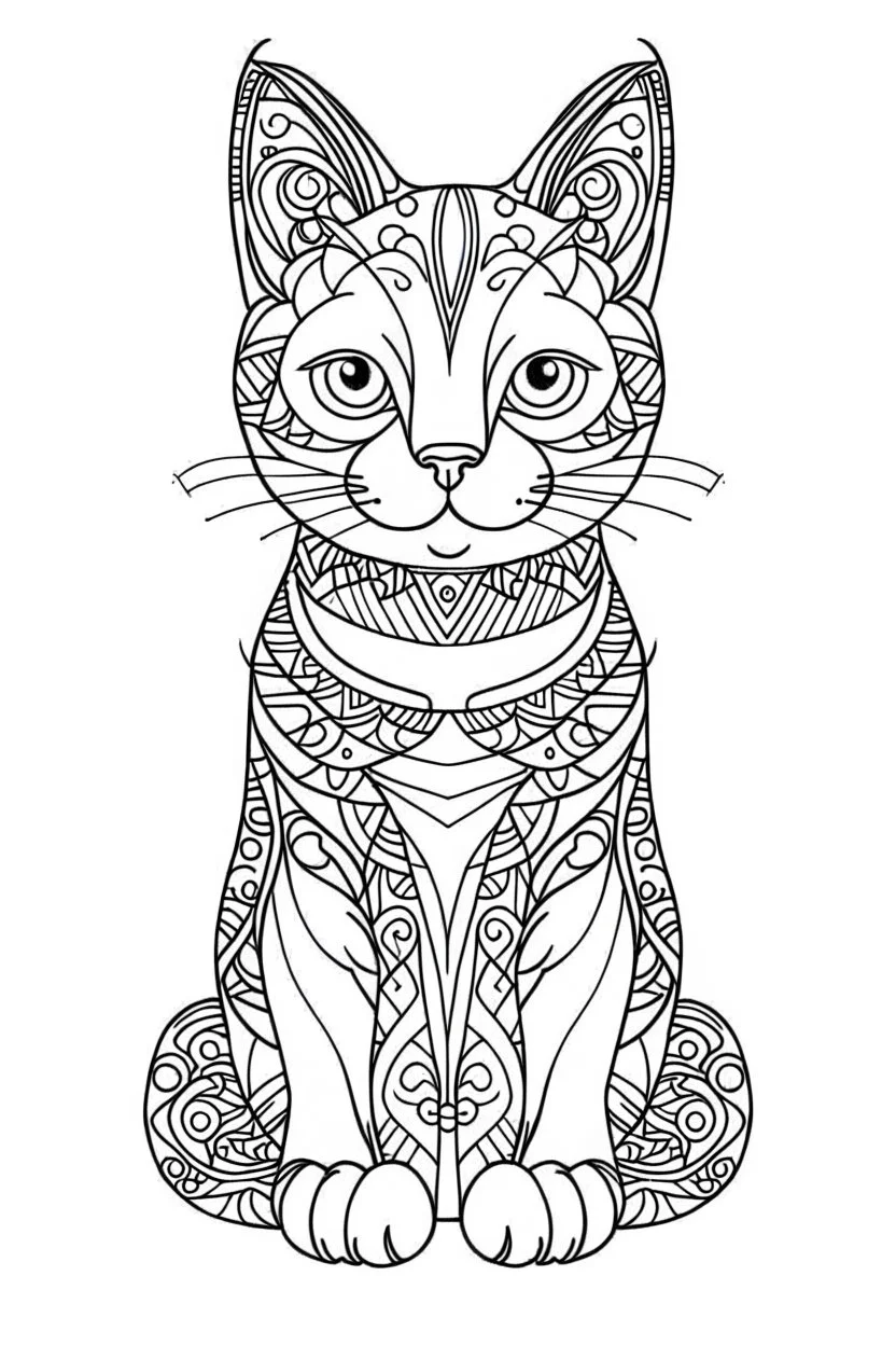 A simple coloring book page drawing with only thick black lines on a white background of a full length body of a kitten mandala of the cat breed FLAT-HEADED CAT with one tail in the minimalist style. No shading. No gray. No shadows. No color. This coloring book page would appeal to children aged sixteen through adults and have clean lines for a design that is easy to color. Style raw. Aspect ratio 9:11