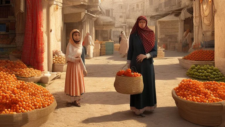 A full-length Palestinian girl wearing an embroidered dress and a white embroidered shawl buys oranges from an old seller wearing a keffiyeh in the market of Jerusalem, 100 years ago, at night with multi-colored lights reflecting on her.