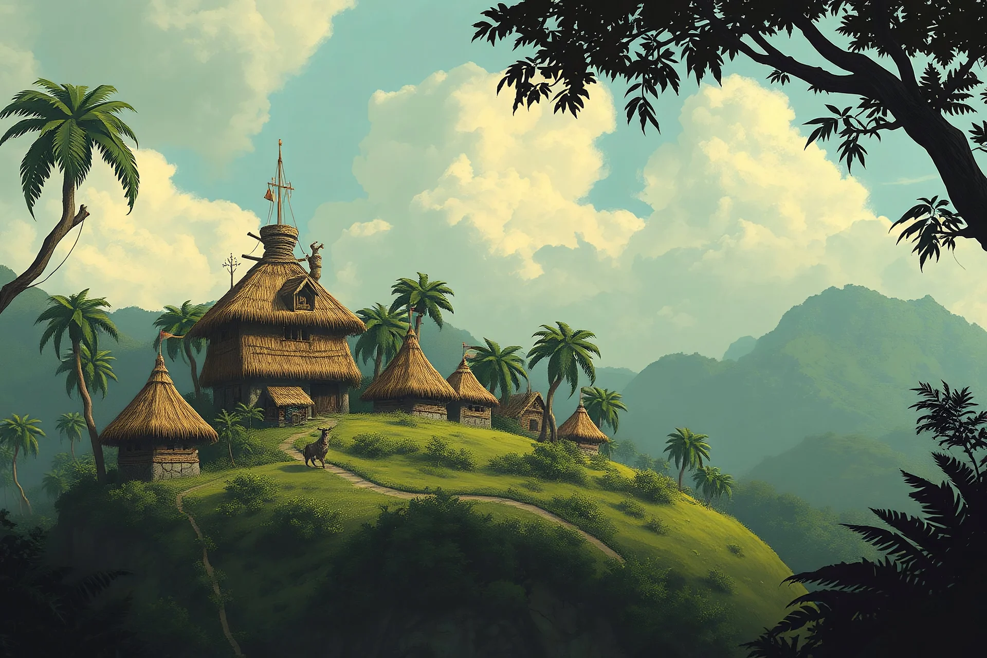 a village of jungle straw huts on top of a hill, medieval fantasy art style