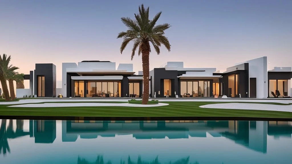Description of a modern Emirati style villa: Located on a magnificent piece of land in the heart of the Emirates, our villa embodies the finesse of design and detailing that promises a luxurious residential experience. This two-story villa, with its elegant and contemporary spaces, stands out. The exterior walls of the villa are made of black and white stones, adding an elegant and luxurious touch to the design.Pictures of the villa from four sides
