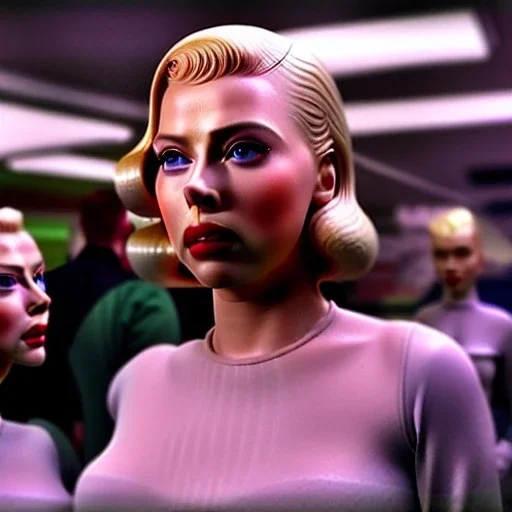 Ultra Realistic retro sci-fi movie Supermarket parking people scene, 1960 year, waist up view portrait, 2 clones blonde women, sweet scarlet Johansson face, perfect iris, glow eyes, face makeup, tight latex coat. many people looking, Retro sci-fi style, soft color, highly detailed, unreal engine 5, ray tracing, RTX, lumen lighting, ultra detail, volumetric lighting, 3d, finely drawn, high definition, high resolution.