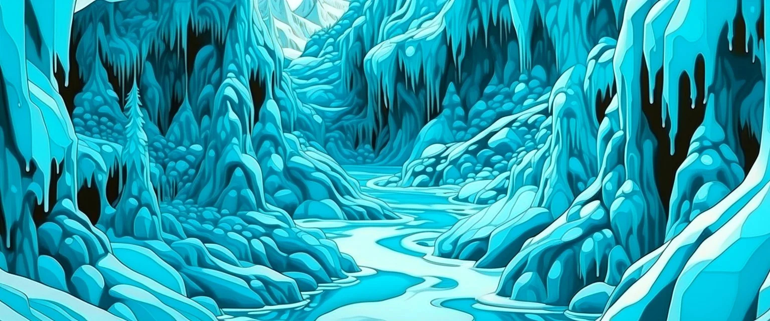 Cyan snowfields with a mystical cave painted by MC Escher