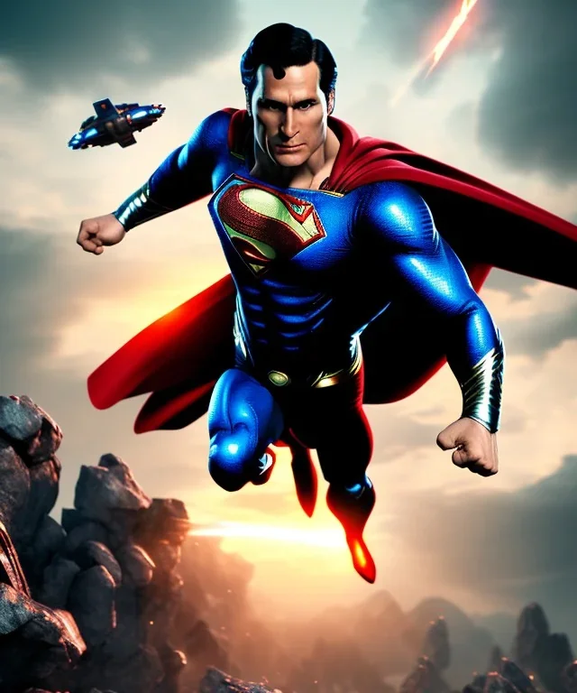 Superman, full body, battlefield atmosphere, hyper realistic detail, unreal engine 5, ultra cinematic and great lighting, octane render, illustration of Superman, hd, character design