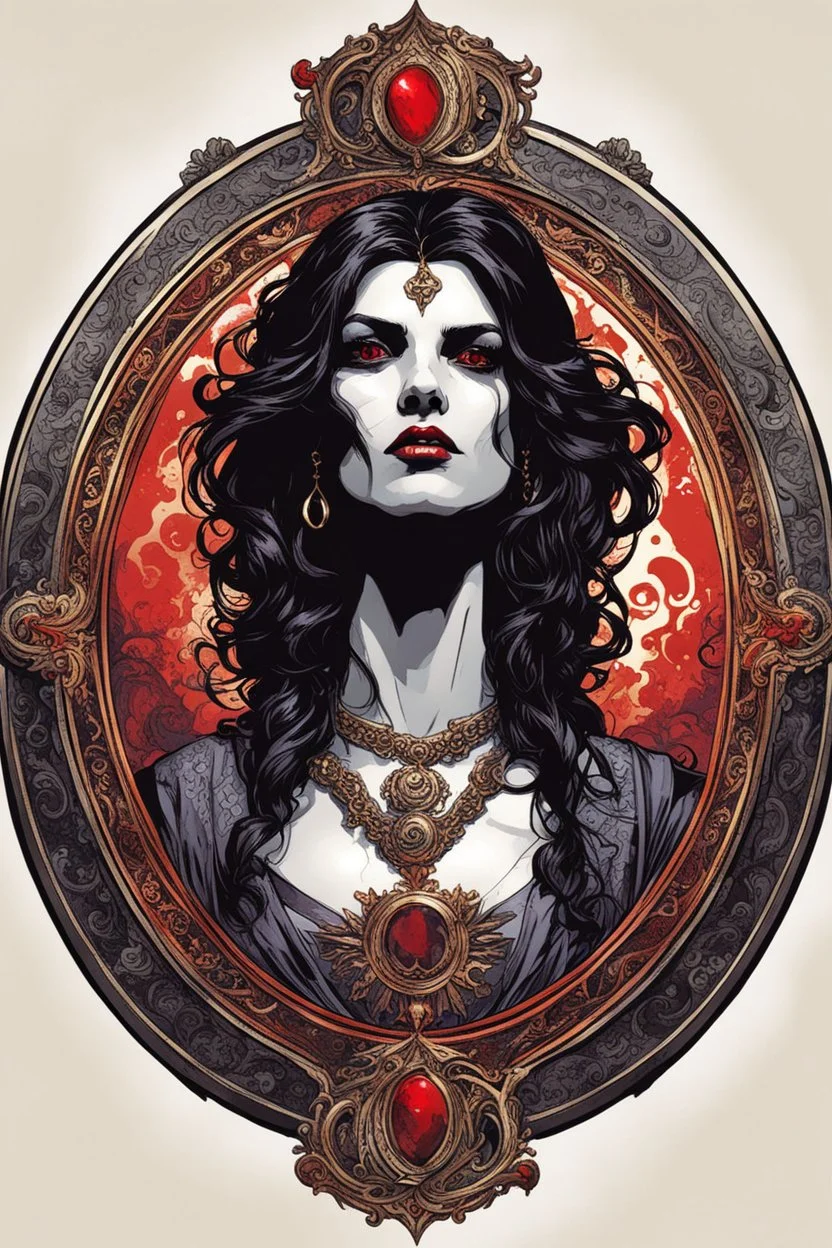 symbolic medallion of an ancient Catalan vampire sisterhood , highly detailed, ornate in the graphic novel style of Bill Sienkiewicz