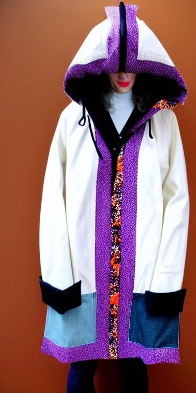 Caucasian white woman black hair. average body type. Mantle is sewed of recycled Denim and sewed together of camouflage pieces. A bag is integrated to the mantle. Patterns are composed of orange, cream, blue, lilac and purple. blue latex gaiters. It is with big bright purple felt tippet and cream-colored-hood. mantle is merged with tippet. Big AKG-style headphones (gold rings!) is merged with small felt cap with small visor. Style: Haute Couture, 1920's, Paris fashion, late nineties, street art.